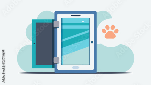 This pet doors reinforced security panel can be activated from your smartphone preventing any unauthorized pet entry.. Vector illustration