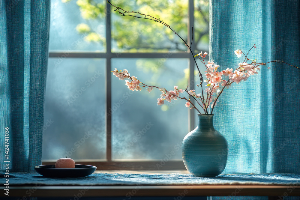 A cozy window scene with spring morning light. On the windowsill or wooden surface there is a blue ceramic vase with branches of blossoming sakura or decorative cherry blossoms