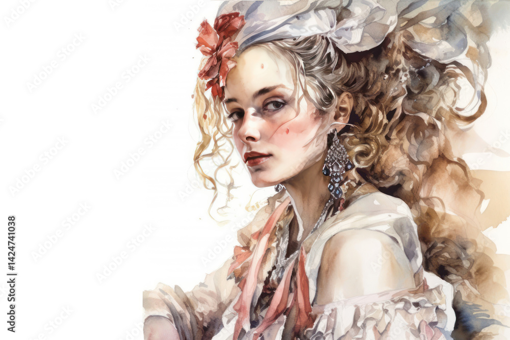 An elegant watercolor portrait of a young woman in the boho-baroque style.