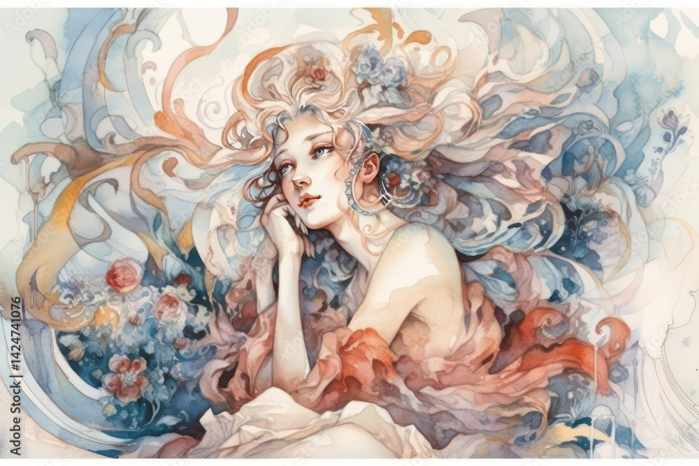 Watercolor artistic portrait of a young woman in a romantic, fantastical atmosphere.