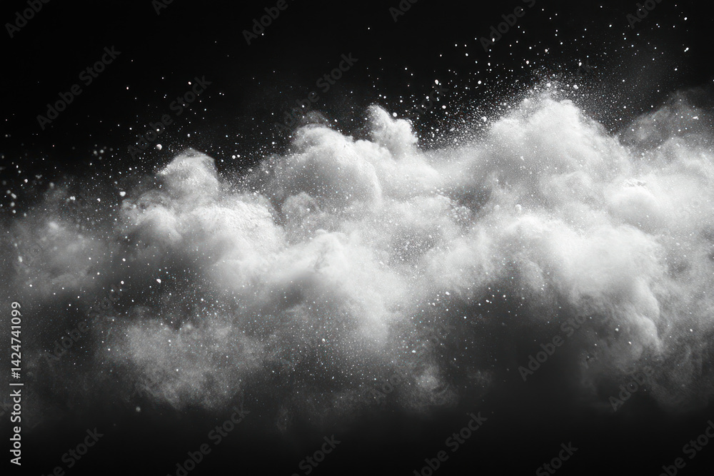 An abstract image of white powder floating in the air against a black background.