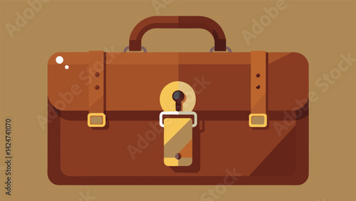 A battered leather briefcase with an oldfashioned keyhole and a faded luggage tag hanging from its handle.. Vector illustration