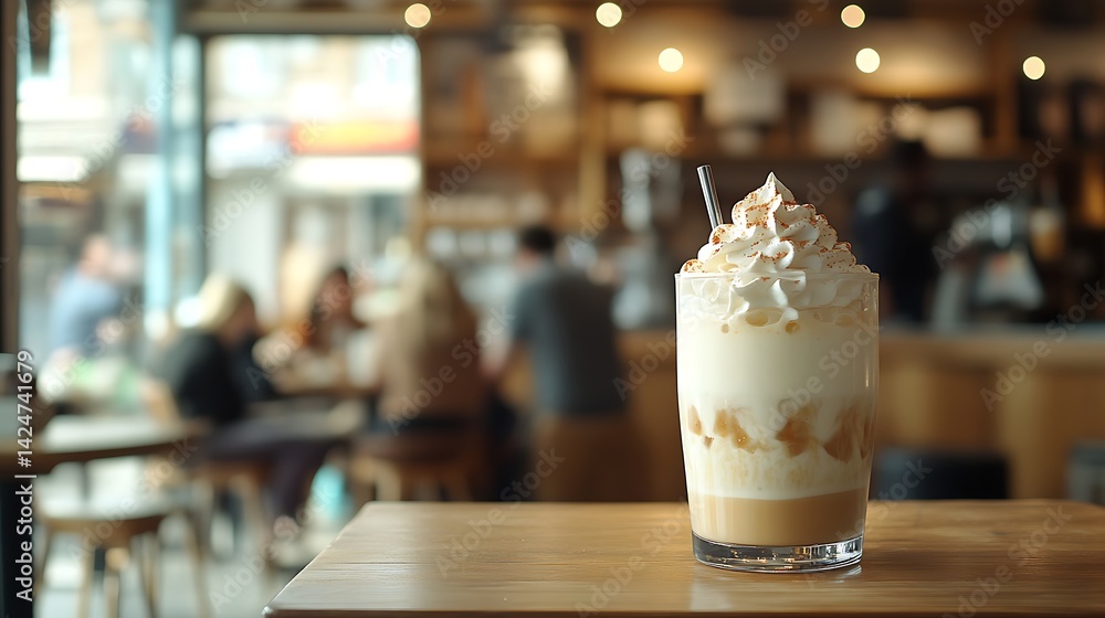 Iced Coffee with Whipped Cream in Cozy Cafe, A glass of iced coffee topped with whipped cream on a wooden table in a cozy cafe Iced Coffee with Whipped Cream in Cozy Cafe, A glass of iced coffee topped with whipped cream on a wooden table in a cozy cafe