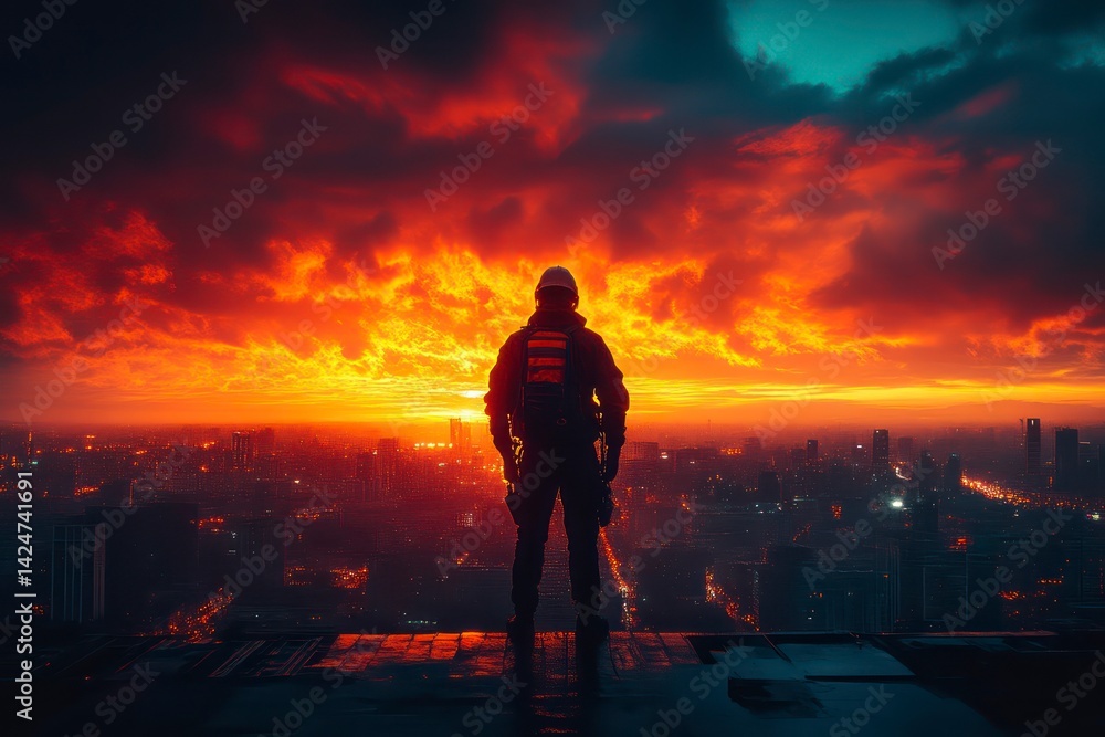Fototapeta premium Silhouette of a person standing on a rooftop gazing at a dramatic sunset over an urban skyline