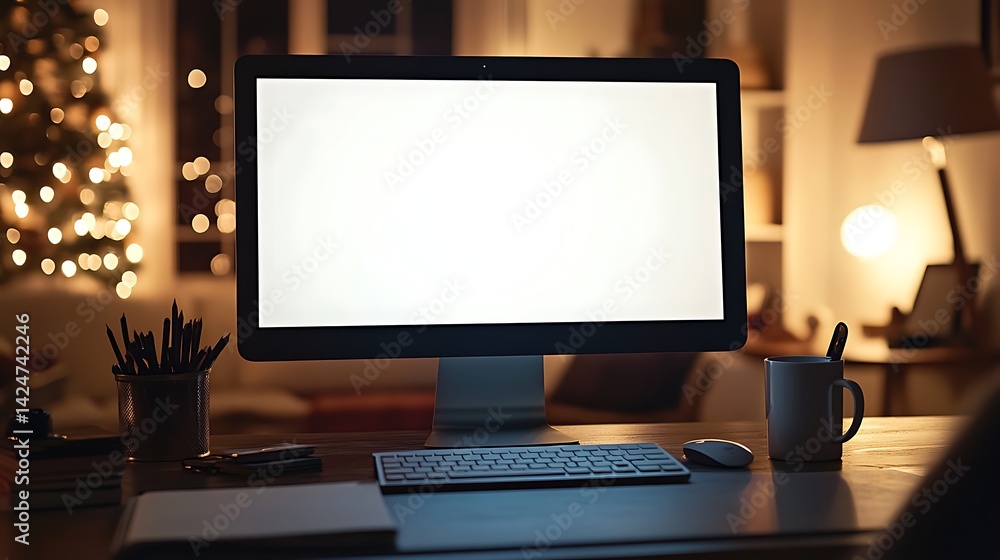 Cozy Home Office with Blank Screen and Christmas Tree Cozy Home Office with Blank Screen and Christmas Tree