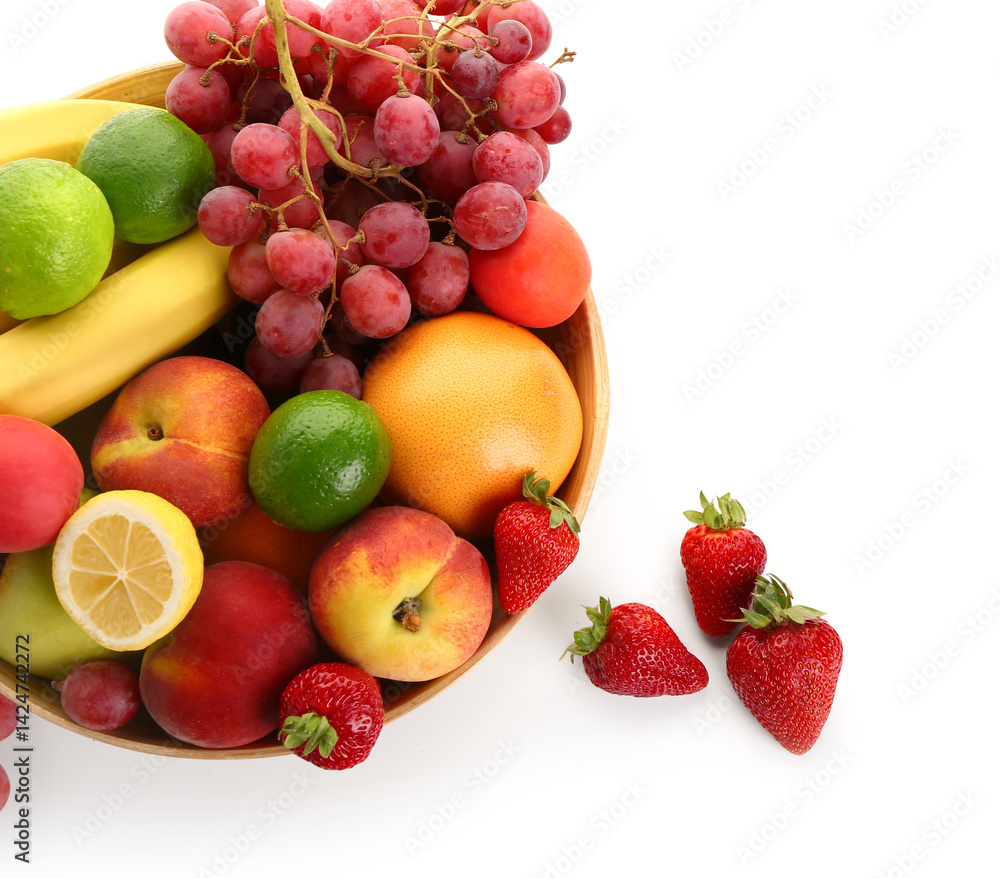 Bowl with different fresh fruits on white background Bowl with different fresh fruits on white background
