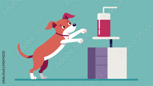 An energetic puppy jumping up to reach the dispenser which is p high on a shelf to prevent any early access.. Vector illustration