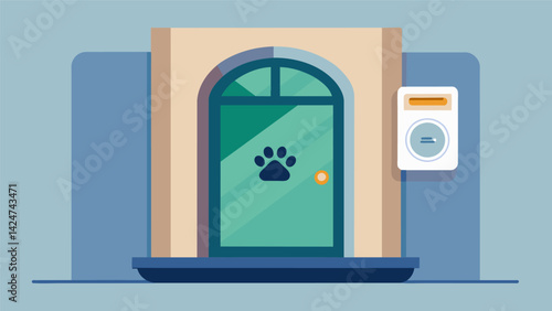 A sophisticated pet door that utilizes retina scanning technology to ensure that only your furry companion can come and go as they please.. Vector illustration