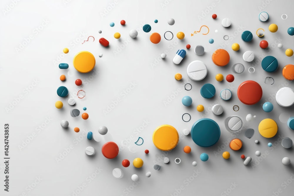 Bright Minimal Pills and Icons in Circular Motion Symbolize Health and Wellness in a Creative Abstract Design