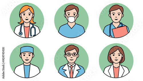Colorful vector avatar icons set showcasing diverse medical professionals including doctors, nurses, and healthcare workers in round badges