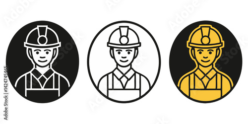 Clean modern avatars of construction professionals with safety helmets and bold color contrasts, placed in circular icons with minimalist style