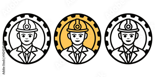 Icon set of industrial professionals with clean design featuring gear elements and safety helmets in modern vector style