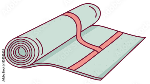 Vector image of a neatly rolled yoga mat in pink and teal tones, portraying wellness, relaxation and fitness in a calm, minimalist setting