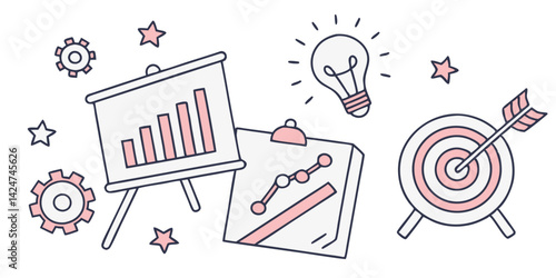 Hand-drawn business vector with doodles of analysis tools, graphs, and lightbulbs reflecting planning, creativity and innovative strategy