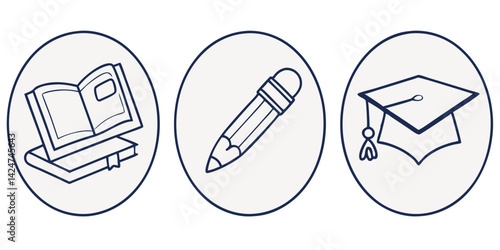 Vector icons representing educational tools including laptop, pen, and graduation cap, symbolizing learning, writing, and academic achievement