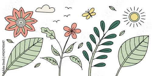 Hand-drawn floral vector featuring colorful flowers and large leaves in whimsical nature-inspired style perfect for eco-friendly or seasonal themes