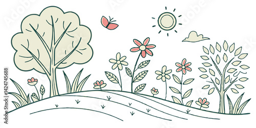 Vector illustration of children joyfully playing hopscotch and ball games outdoors in a playful hand-drawn style representing youthful leisure