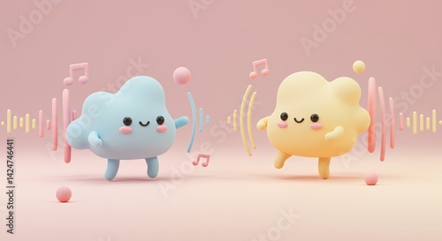 Charming 3D Render of Cartoon Kawaii Characters with Sound Waves in Pastel Colors Style of Children's Book Illustrations Against a Soft Pink Backdrop