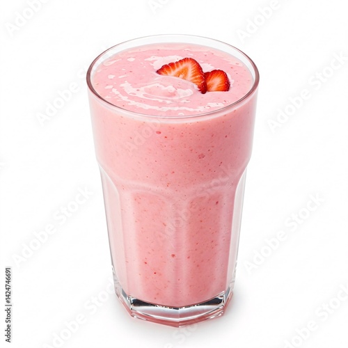 Glass with pink smoothie and strawberry pieces, isolated on white background