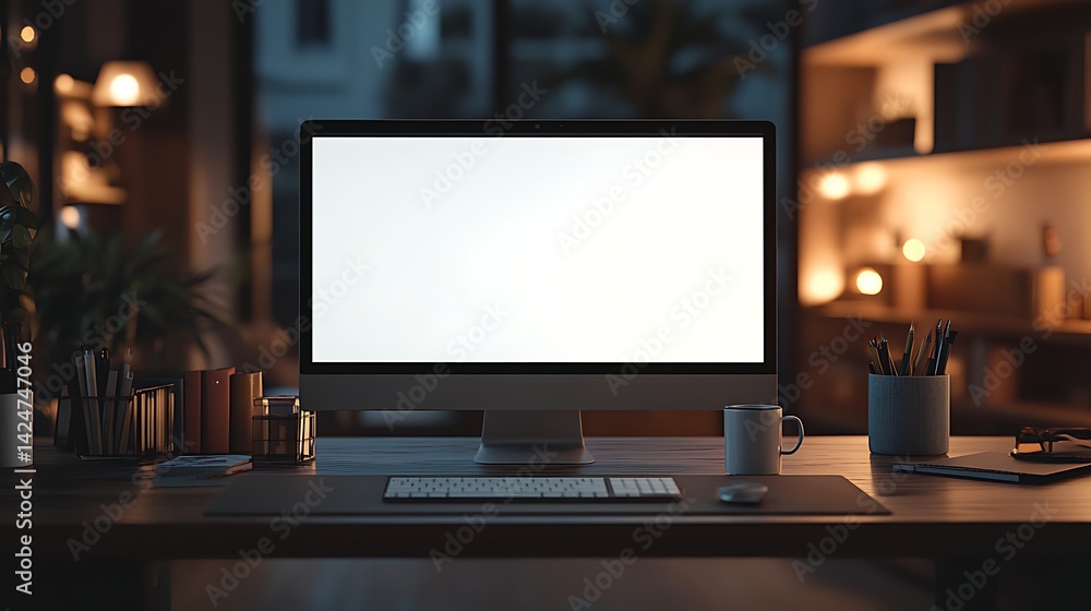 Cozy Home Office with Blank Screen and Christmas Tree Cozy Home Office with Blank Screen and Christmas Tree