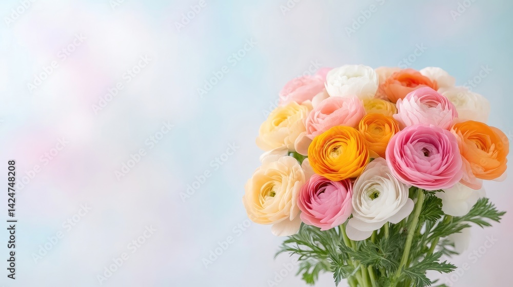 A colorful bouquet of ranunculus flowers in soft pastel shades, arranged in a bunch against a light blue background, and fresh and vibrant composition. A colorful bouquet of ranunculus flowers in soft pastel shades, arranged in a bunch against a light blue background, and fresh and vibrant composition.