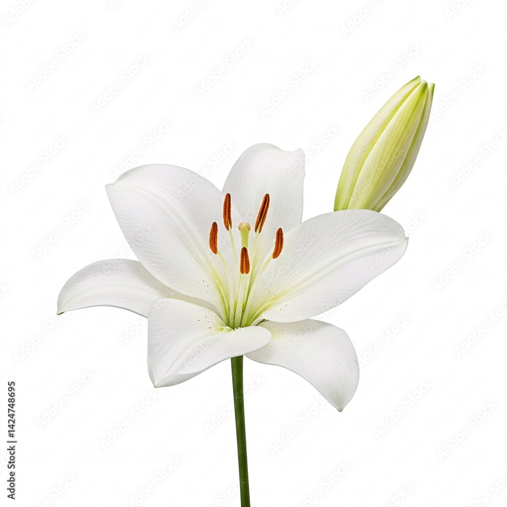Obraz premium White lily flower with bud isolated on white background. Blooming lily with unopen flower close-up