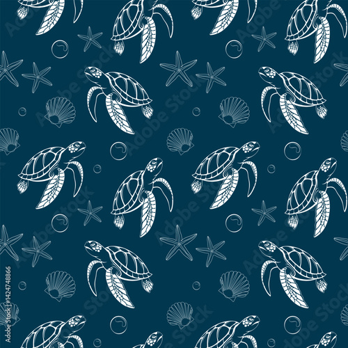 Turtle in the sea seamless pattern. Abstract white turtle and shells design on blue background. Vector creative illustration. Sea ​​pattern.