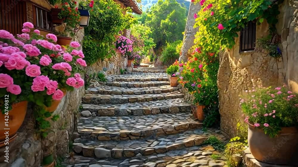 A Picturesque Stone Staircase in a Flower-filled Village A Picturesque Stone Staircase in a Flower-filled Village