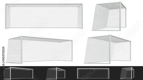 set de cages de football, différents angles de vues - fond transparent, rendu 3D