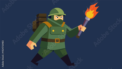 A soldier in full combat gear holding a torch and marching forward with a sinister grin..