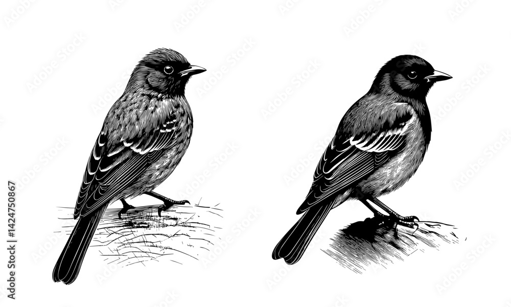 Fototapeta premium Pássaros detalhados em xilogravura com estética de arte popular brasileira