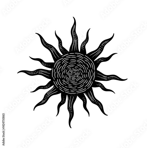 Sol estilizado em xilogravura com influência da arte popular nordestina