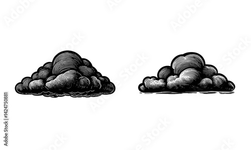 Ilustração de nuvens em xilogravura com traços rústicos e regionais