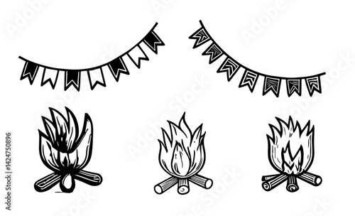 Fogueiras e bandeirinhas de festa junina em estilo de xilogravura