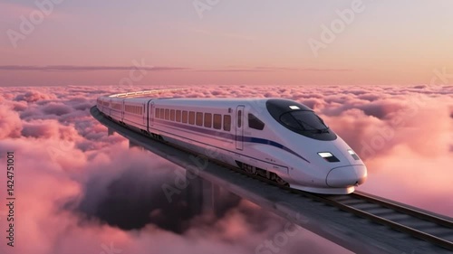 Journey above pink clouds in a high-speed train at sunrise