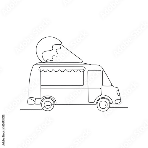 One continuous line drawing of Food and drink truck vector illustration. Food and drink themes design concept in simple linear style. Ice Cream truck food for your asset design and educational.