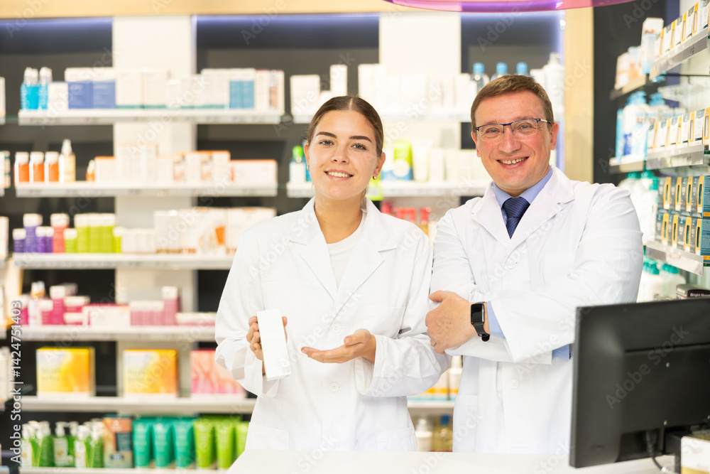 Man and girl pharmacists are standing in pharmacys sales hall, pharmacy staff are amicably preparing to meet chemist shop visitors Man and girl pharmacists are standing in pharmacys sales hall, pharmacy staff are amicably preparing to meet chemist shop visitors