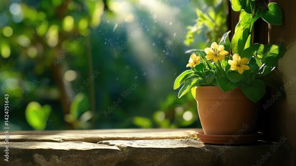 Sunlight streams through plants, highlighting small yellow flowers in a terracotta pot Sunlight streams through plants, highlighting small yellow flowers in a terracotta pot