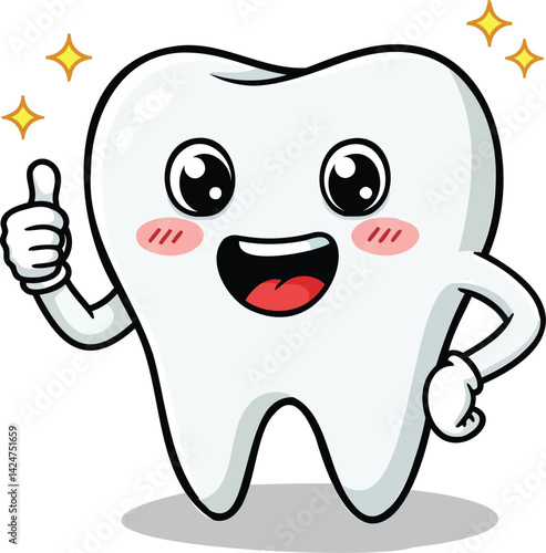 Cartoon illustration of a smiling tooth giving a thumbs up.