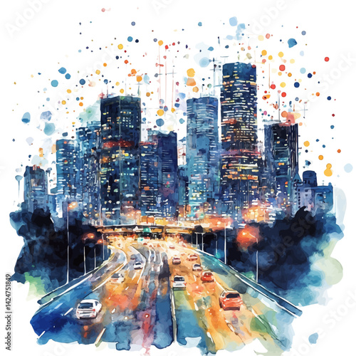 Smart city with interconnected lights and traffic, watercolor illustration, isolated on a white background.

