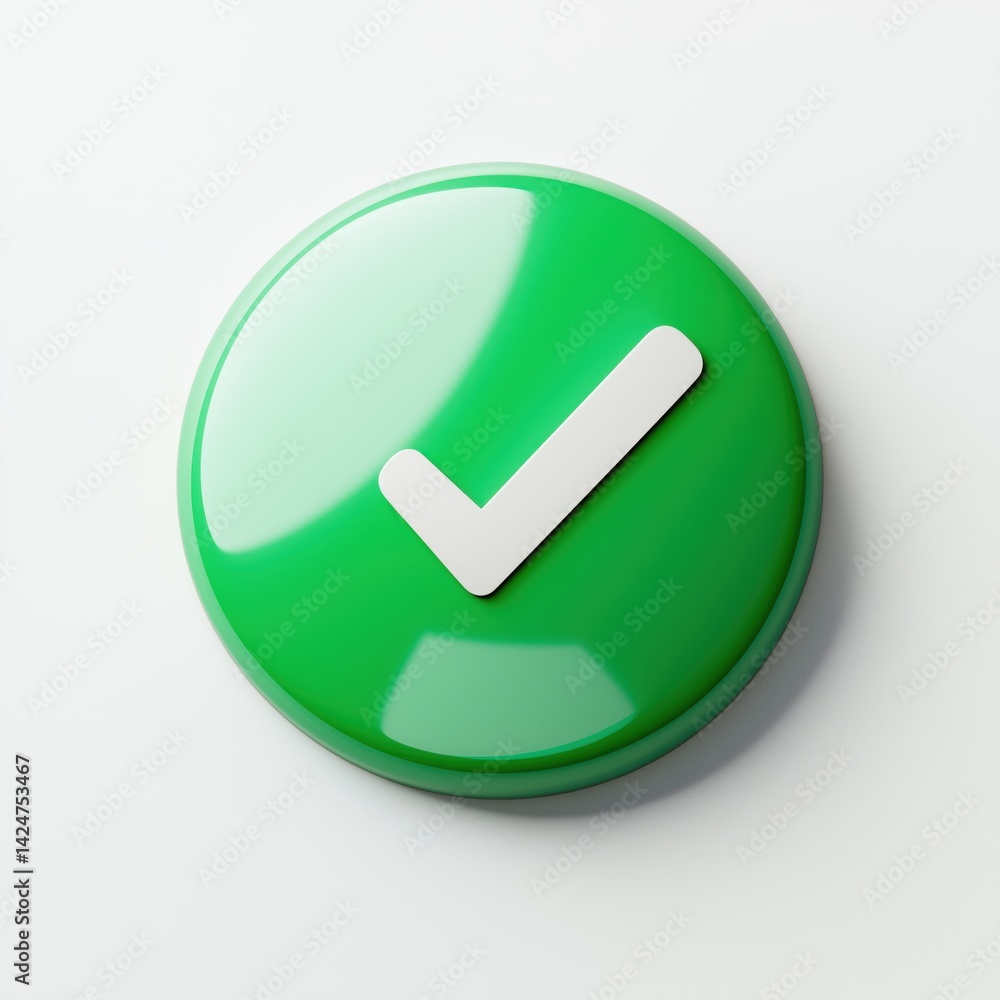 glossy lime-green, 3D circular button with a white check mark, rendered with smooth, rounded edges and a subtle shadow, against a plain white background. glossy lime-green, 3D circular button with a white check mark, rendered with smooth, rounded edges and a subtle shadow, against a plain white background.