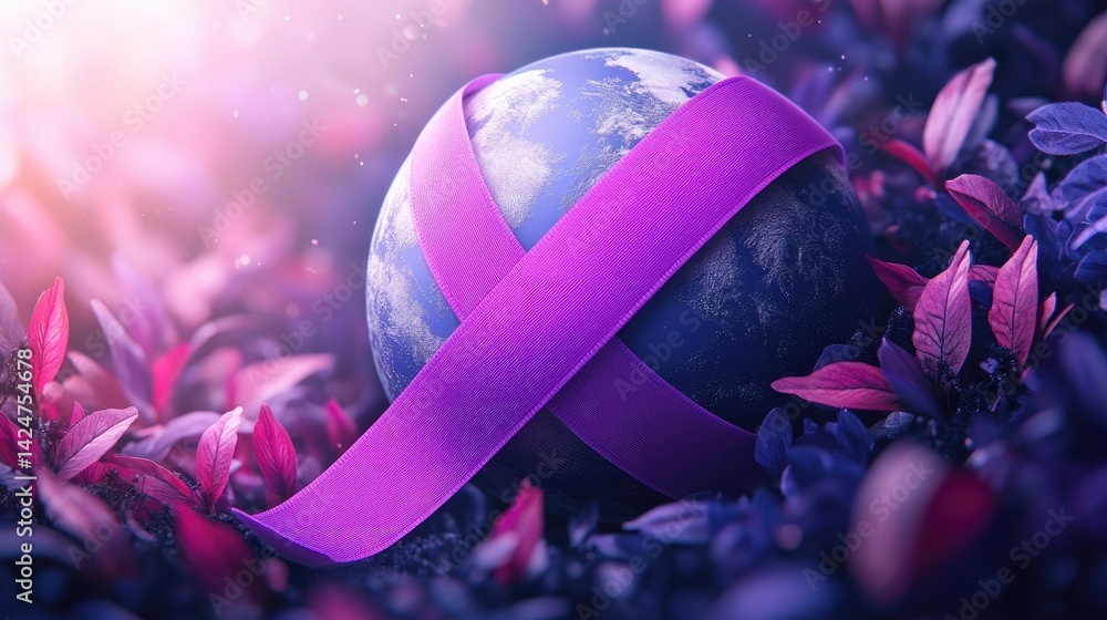 World Cancer Day awareness design with a purple ribbon and globe illustration.