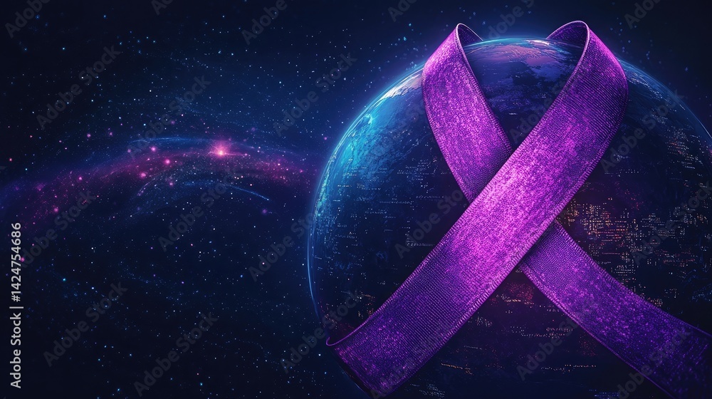 World Cancer Day awareness design with a purple ribbon and globe illustration.