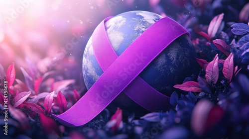 Obraz na płótnie World Cancer Day awareness design with a purple ribbon and globe illustration. w salonie
