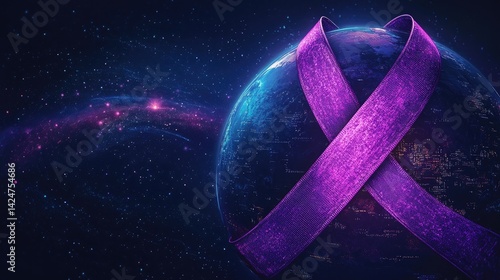 Obraz na płótnie World Cancer Day awareness design with a purple ribbon and globe illustration. w salonie