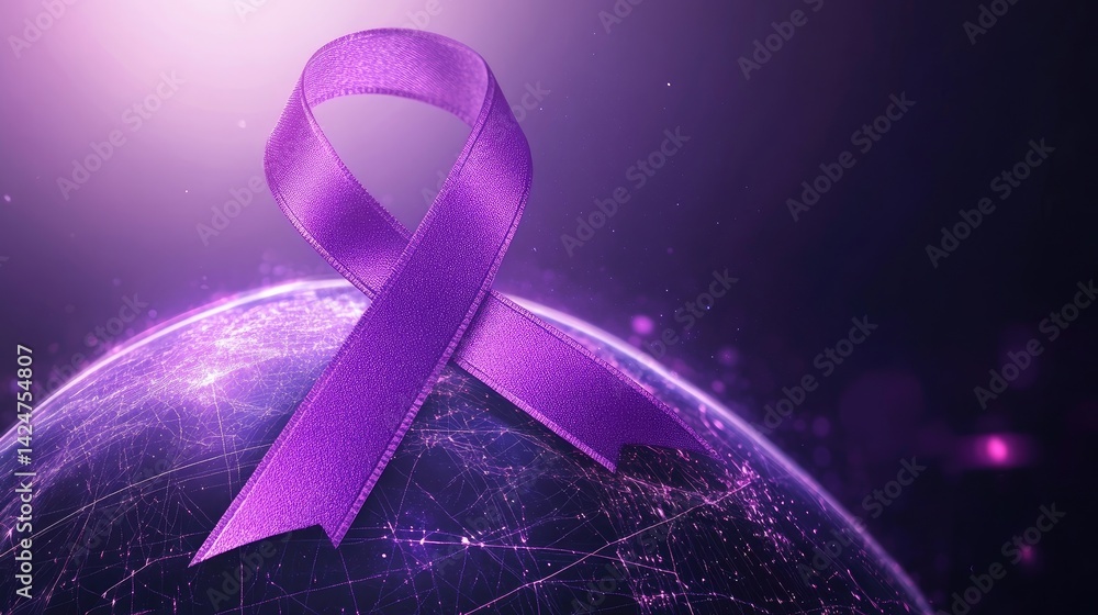 World Cancer Day awareness design with a purple ribbon and globe illustration.
