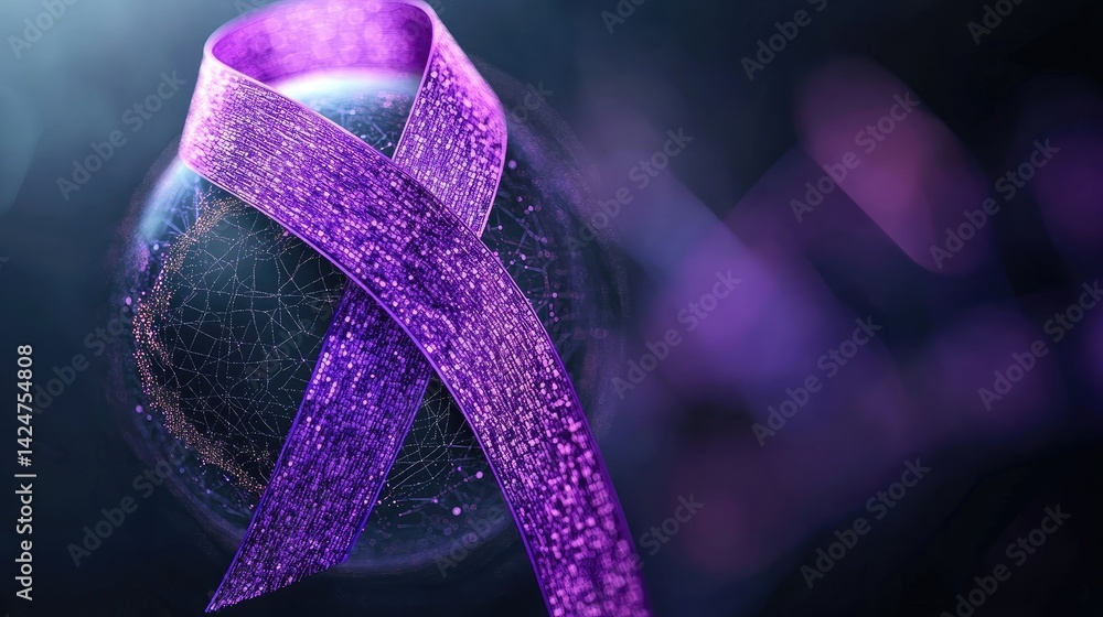 World Cancer Day awareness design with a purple ribbon and globe illustration.