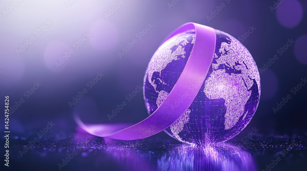 World Cancer Day awareness design with a purple ribbon and globe illustration.