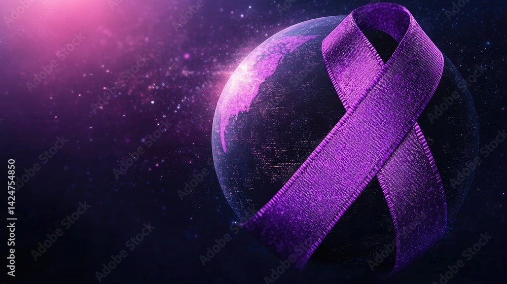 World Cancer Day awareness design with a purple ribbon and globe illustration.