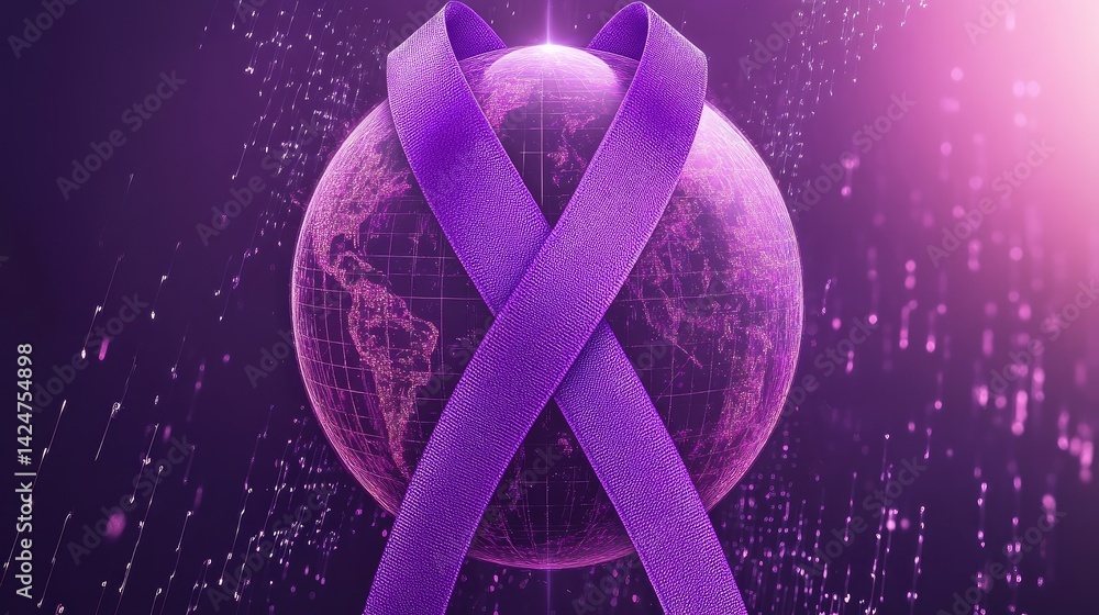 World Cancer Day awareness design with a purple ribbon and globe illustration.